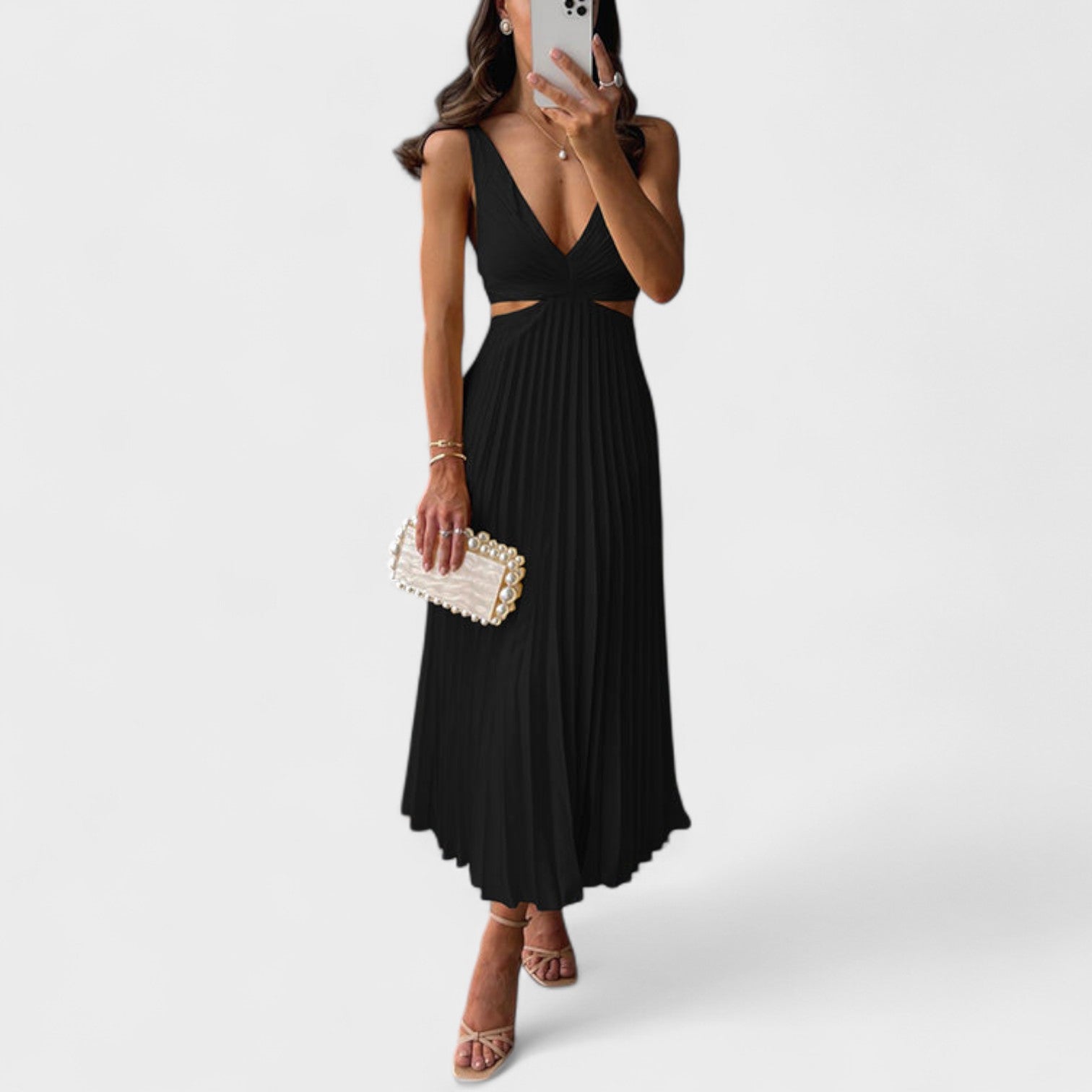 Eva – Vestito Plissettato Midi con Dettagli Eleganti