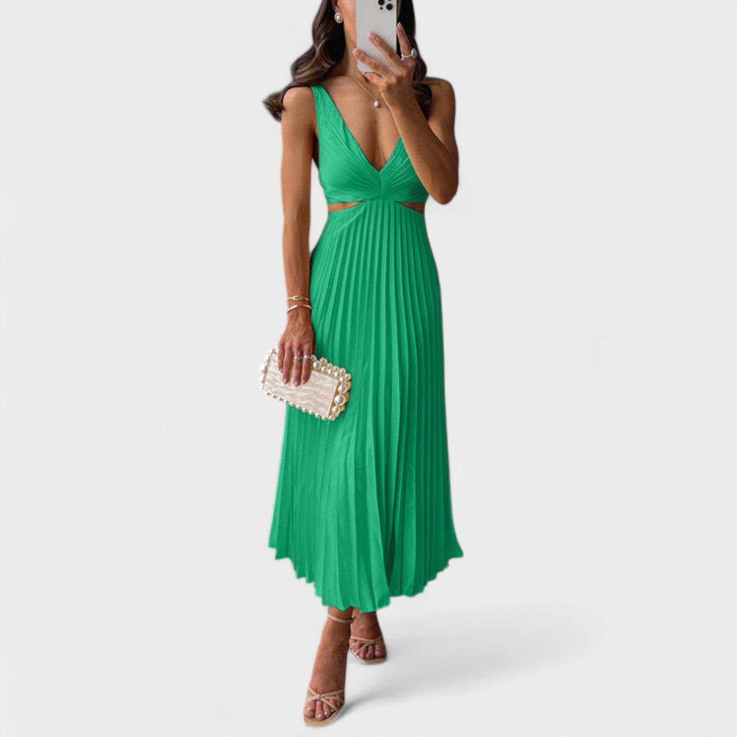 Eva – Vestito Plissettato Midi con Dettagli Eleganti