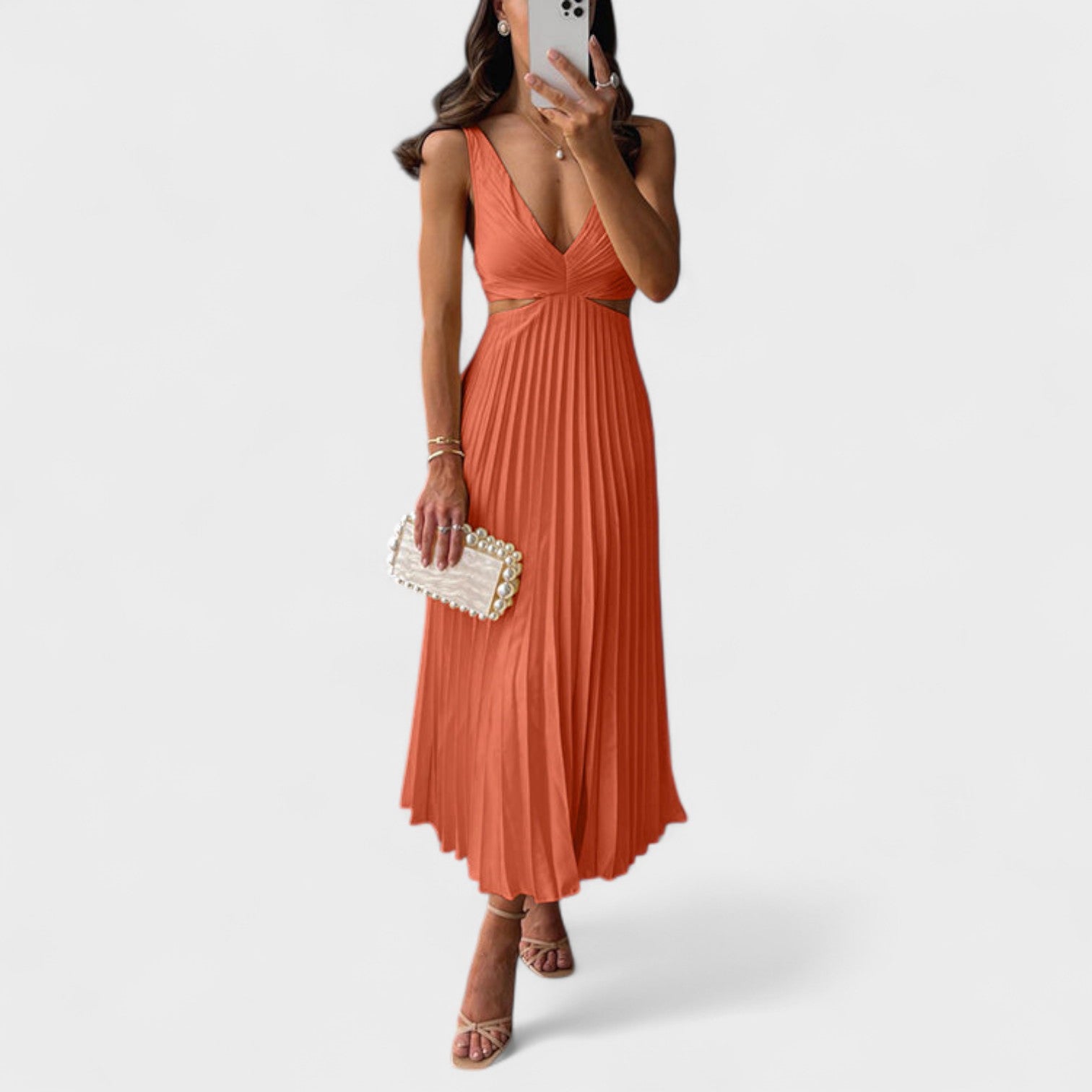 Eva – Vestito Plissettato Midi con Dettagli Eleganti