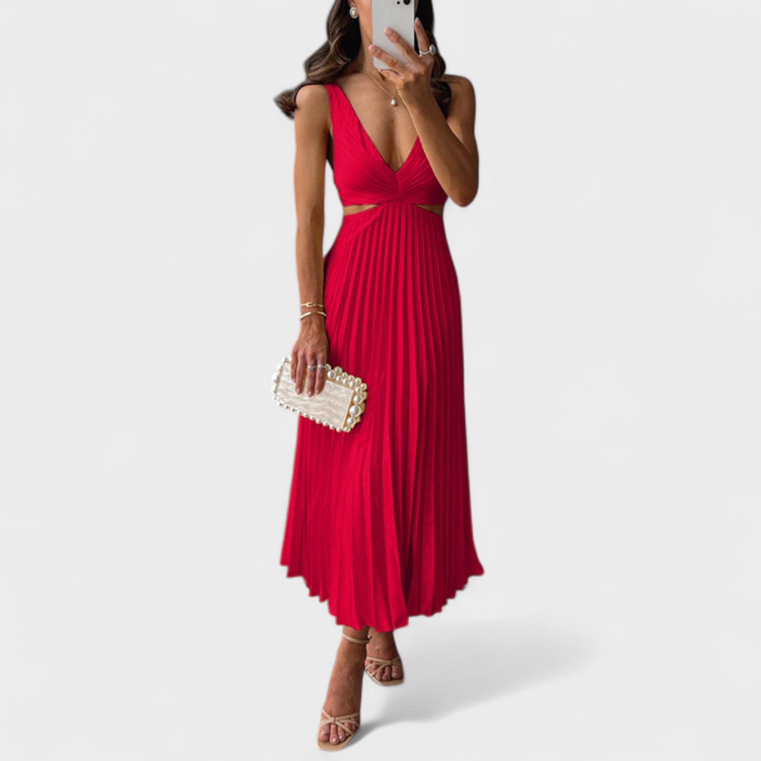 Eva – Vestito Plissettato Midi con Dettagli Eleganti