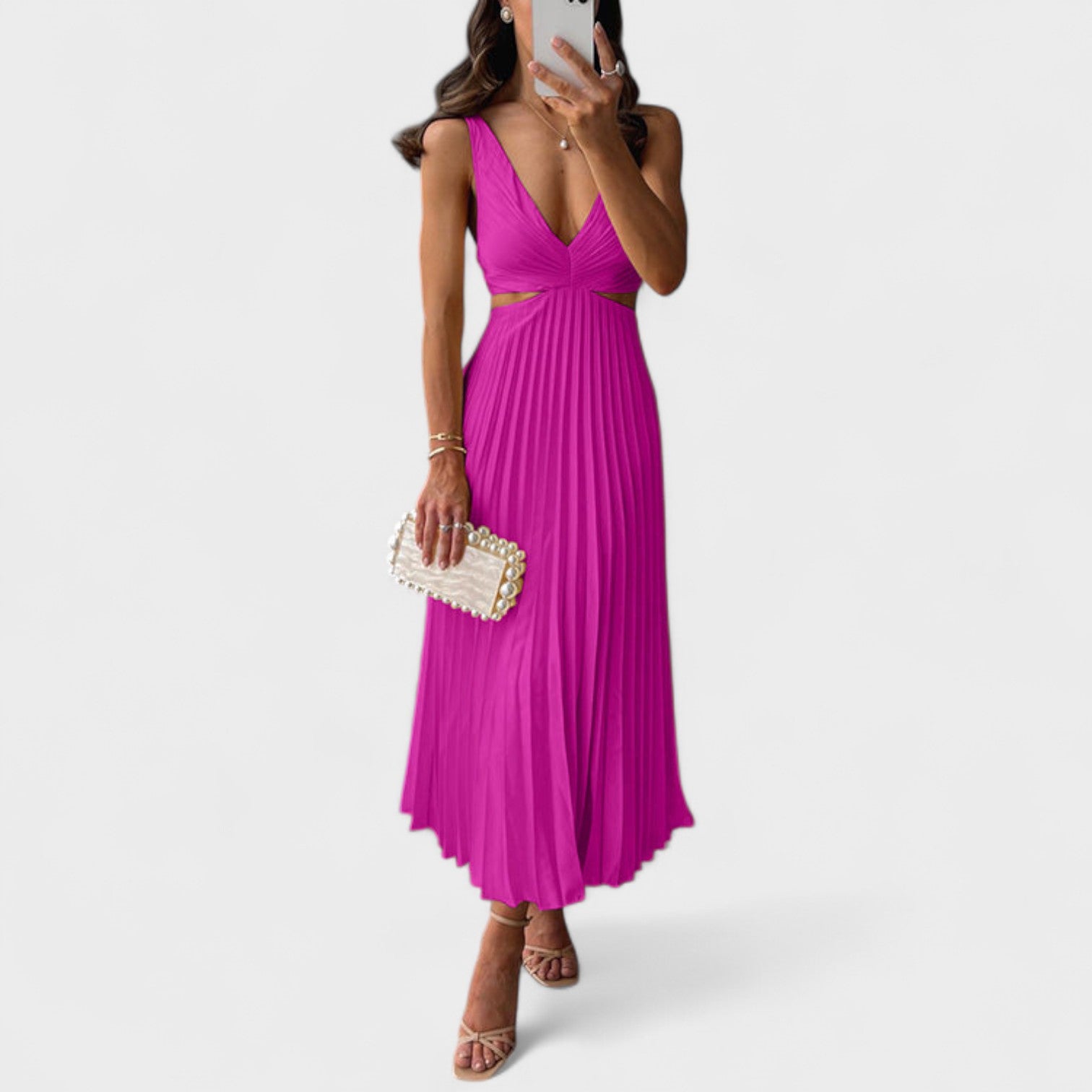 Eva – Vestito Plissettato Midi con Dettagli Eleganti