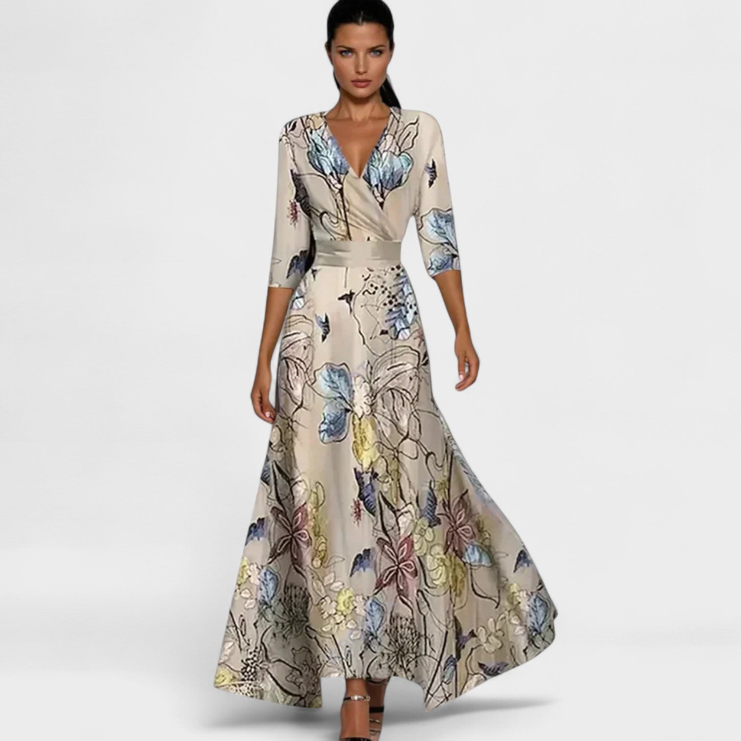 Lucía – Abito Floreale con Scollo Incrociato e Maniche ¾ Eleganti