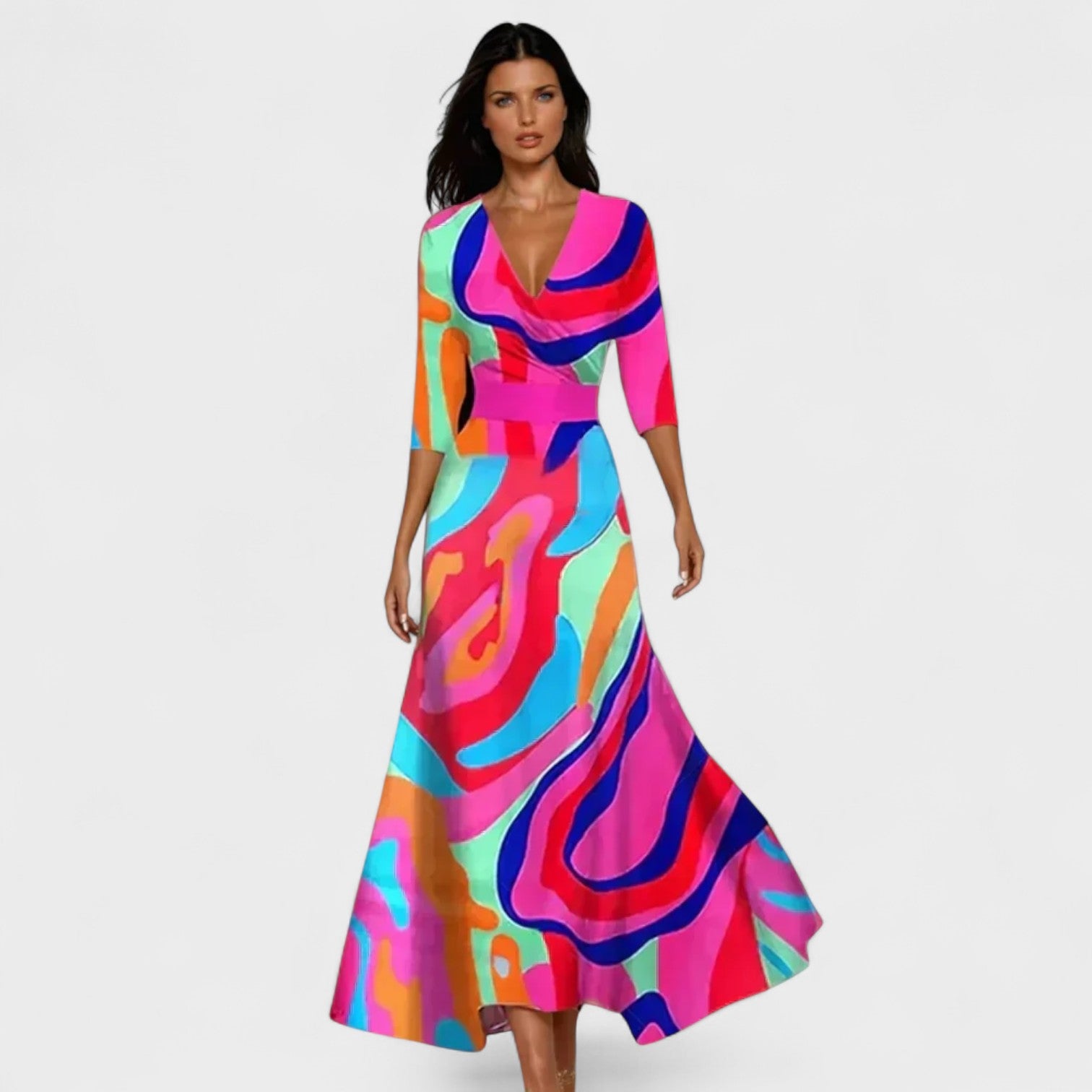 Lucía – Abito Floreale con Scollo Incrociato e Maniche ¾ Eleganti