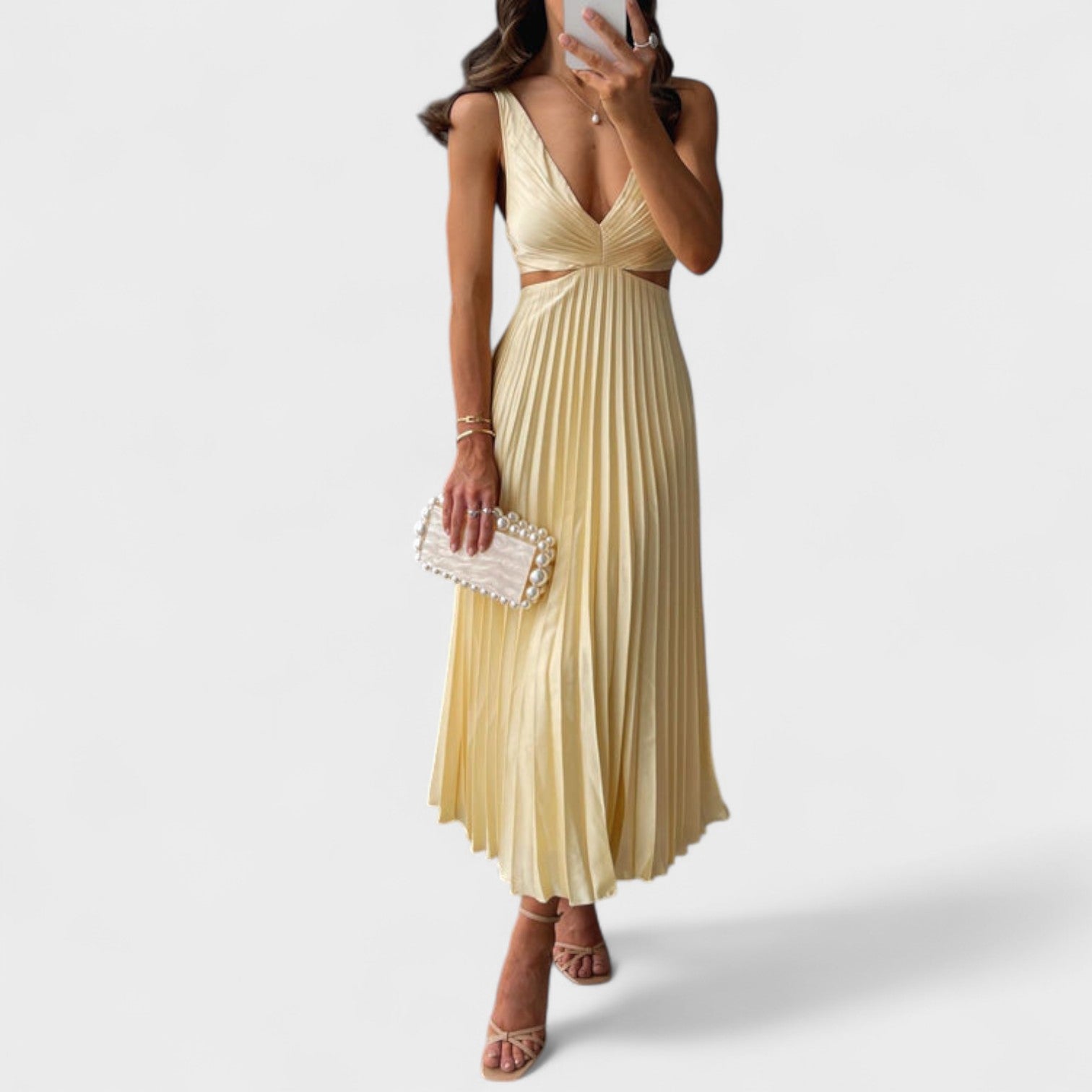 Eva – Vestito Plissettato Midi con Dettagli Eleganti