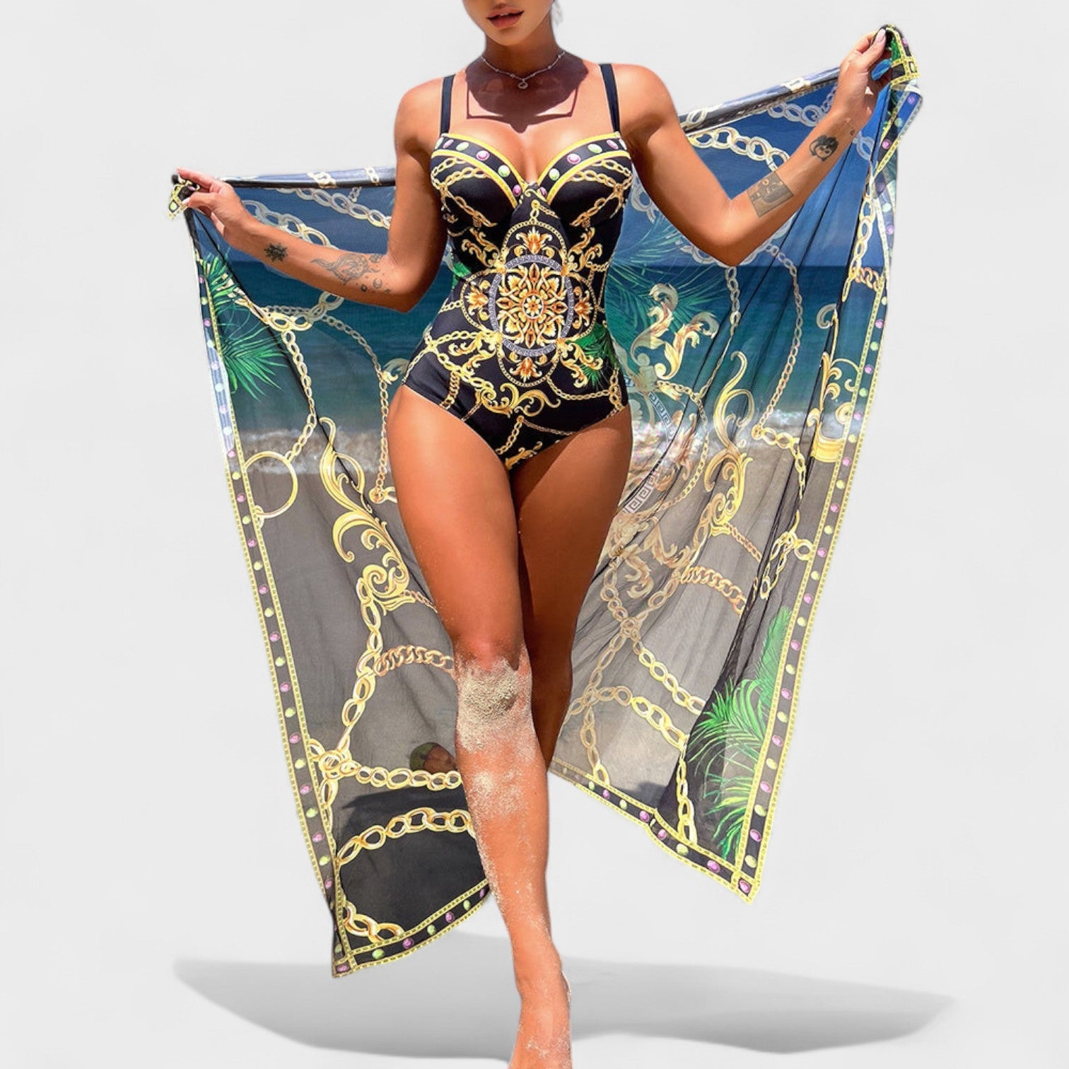 Darius – Costume Intero Push-Up con Catena e Gonna da Spiaggia