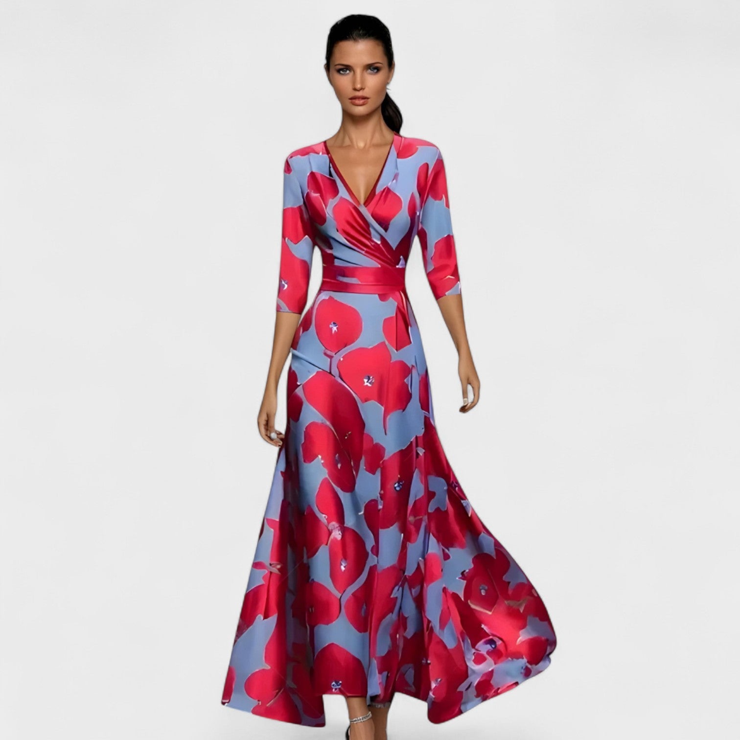 Lucía – Abito Floreale con Scollo Incrociato e Maniche ¾ Eleganti