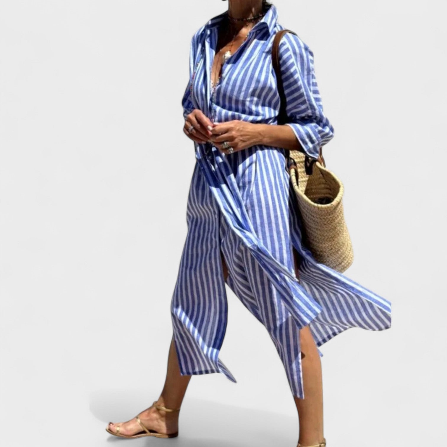Denise – Abito a Righe con Colletto Elegante e Taglio Comodo