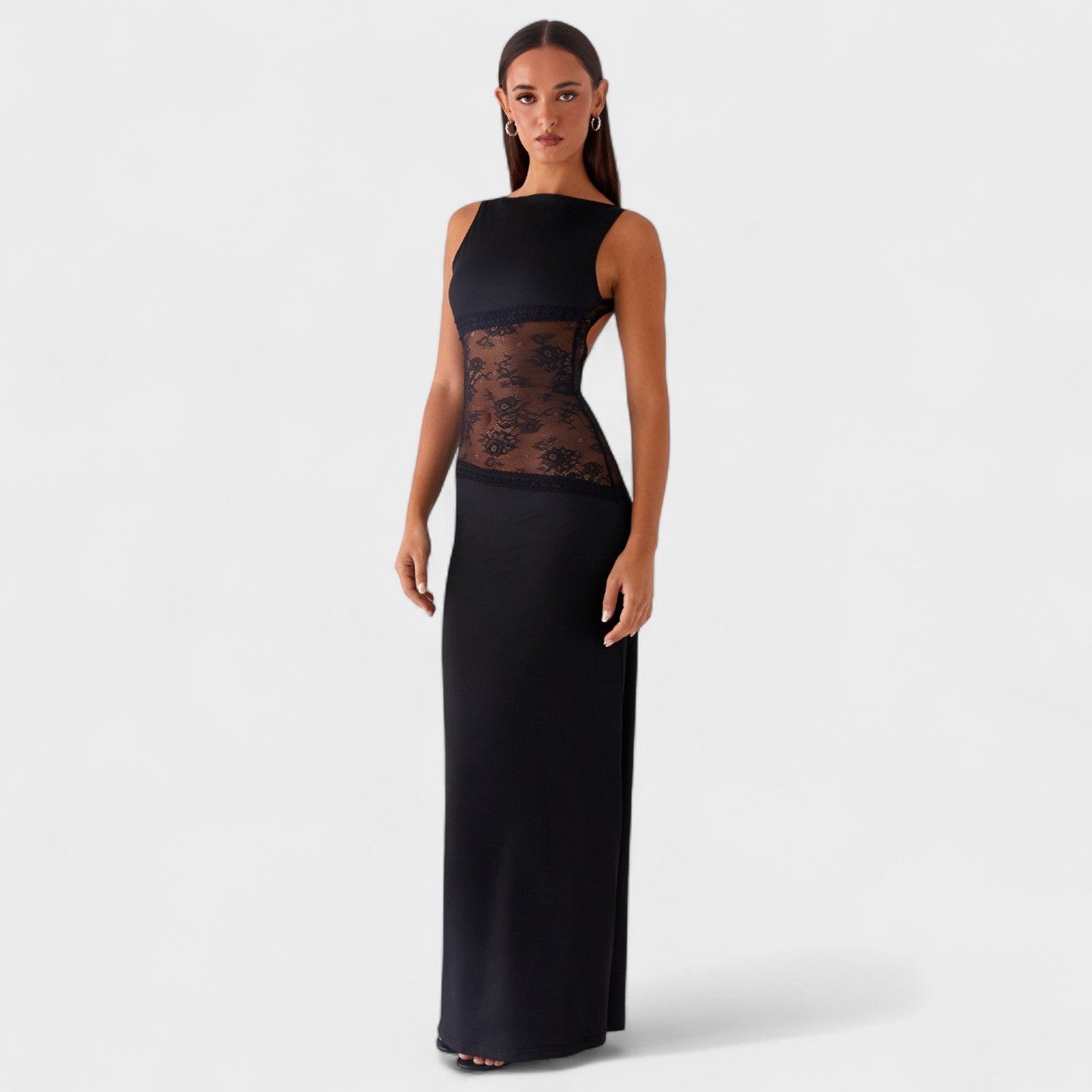 Lucinda – Abito Lungo in Pizzo Nero Trasparente