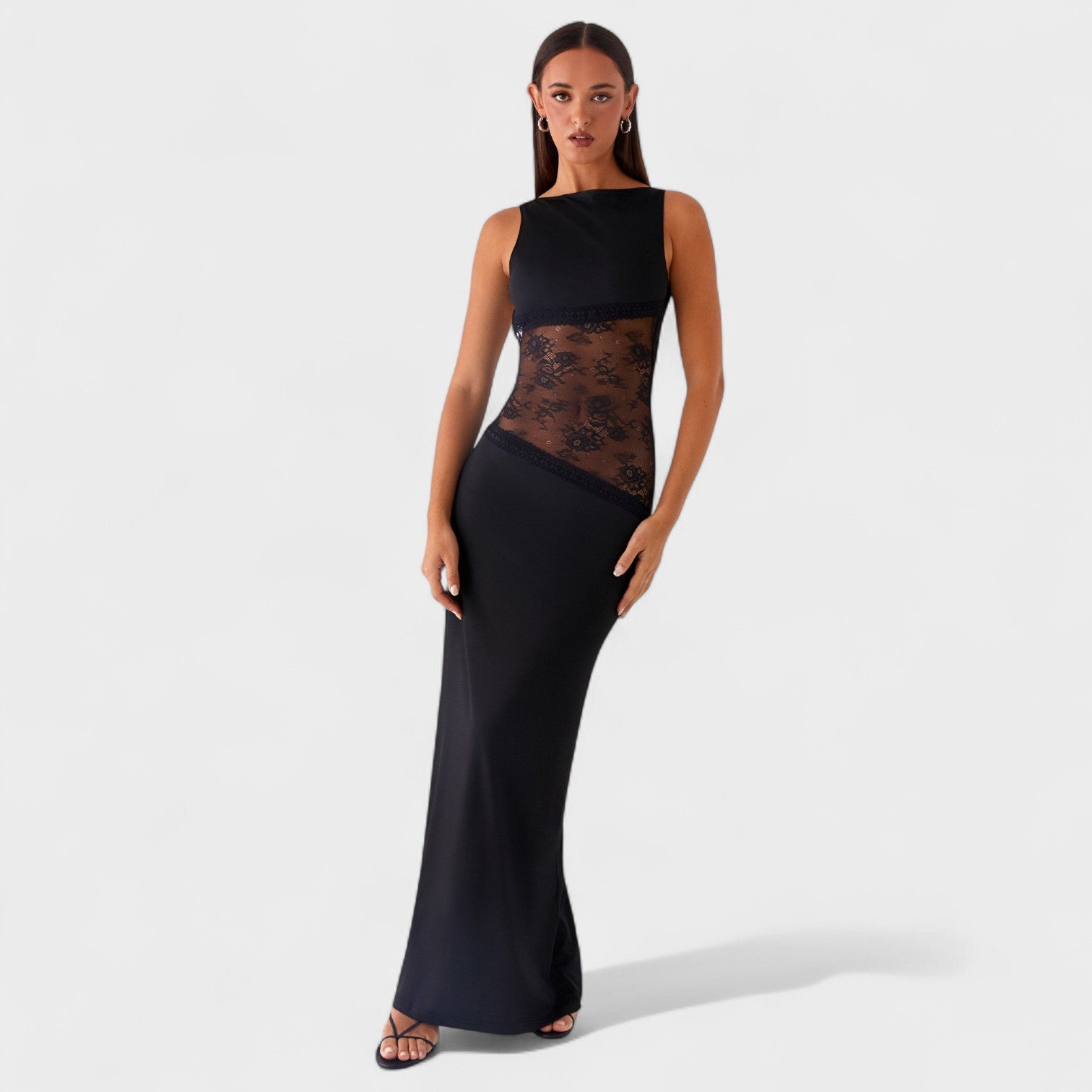 Lucinda – Abito Lungo in Pizzo Nero Trasparente