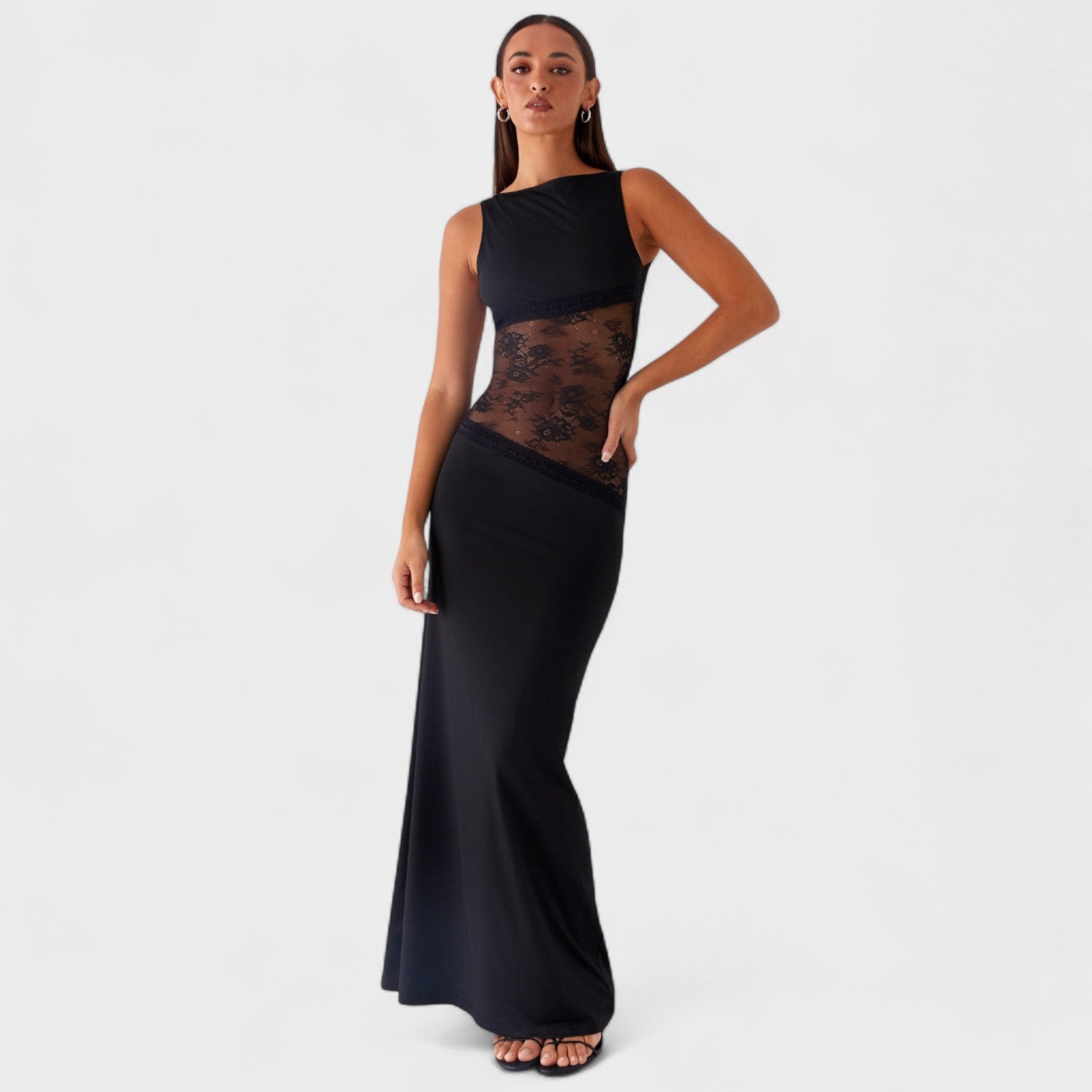 Lucinda – Abito Lungo in Pizzo Nero Trasparente