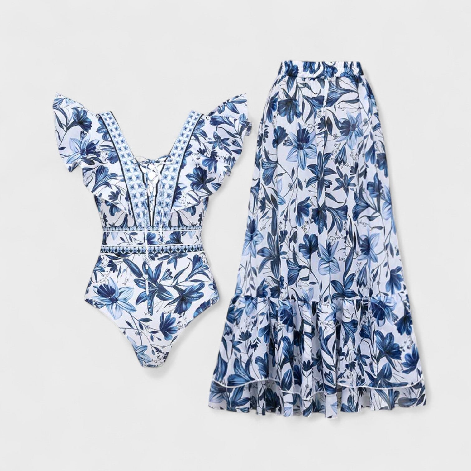 Set Mare Mediterraneo – Costume Intero con Gonna Lunga Coordinata