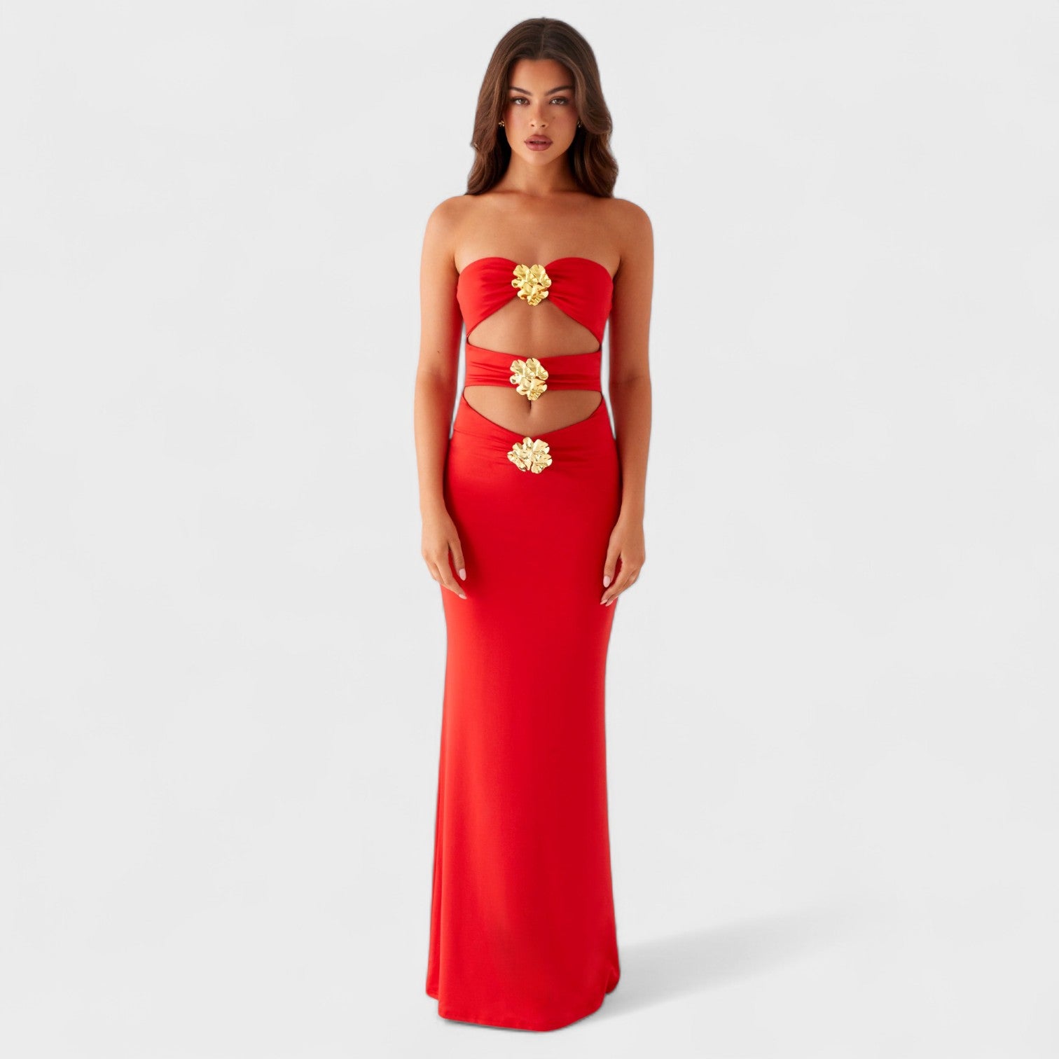 Jimena – Abito Lungo Cut-Out Rosso con Dettagli Floreali Dorati