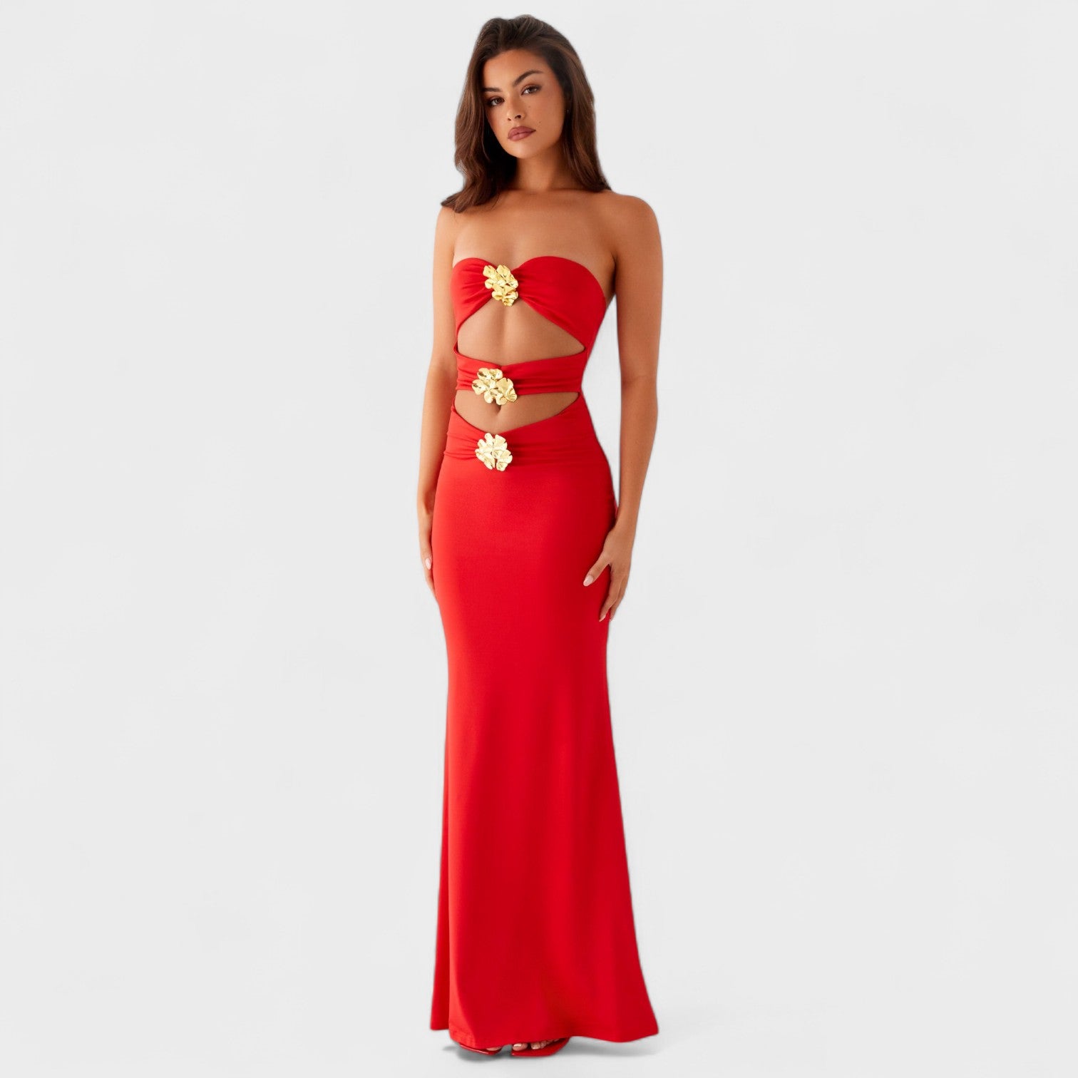Jimena – Abito Lungo Cut-Out Rosso con Dettagli Floreali Dorati