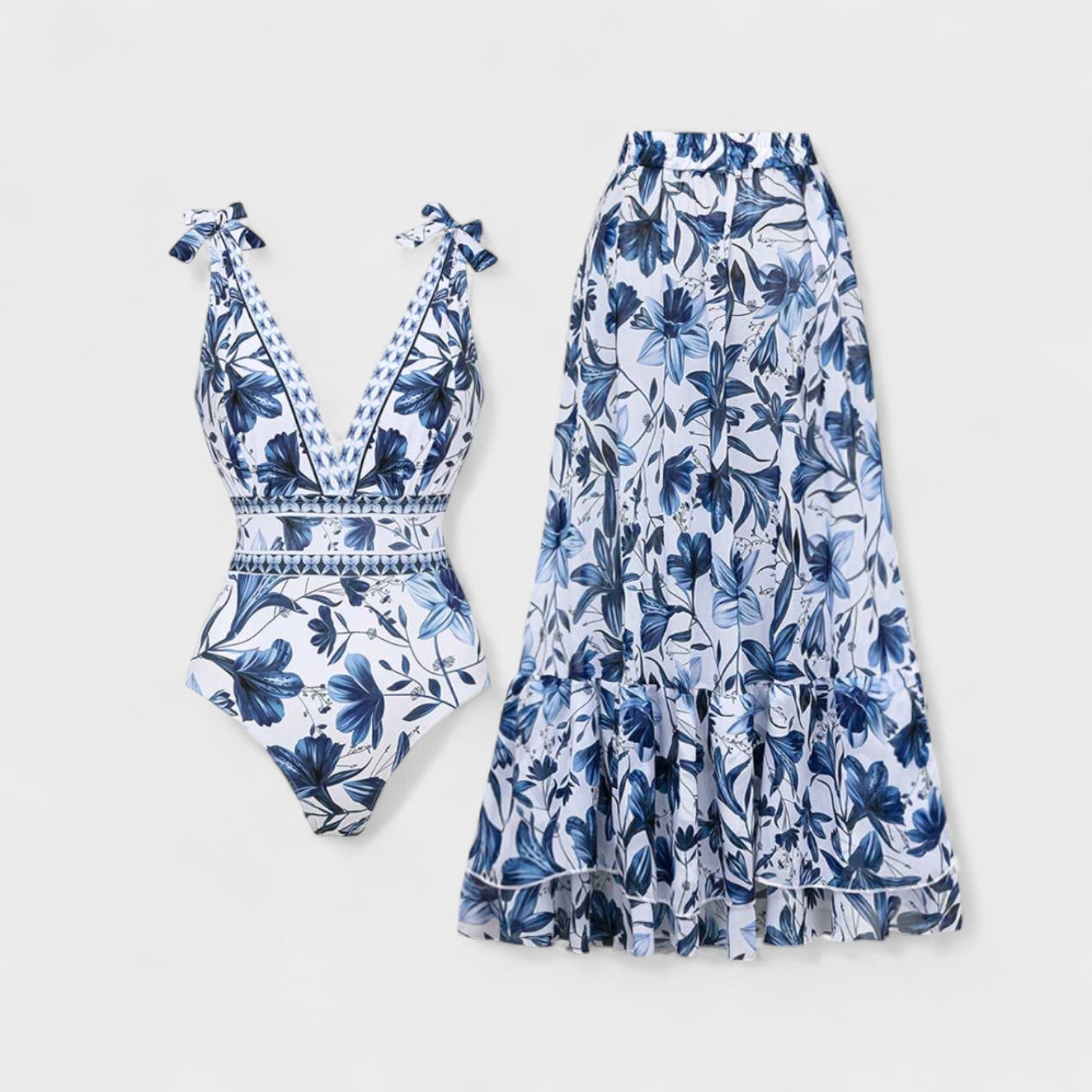 Set Mare Mediterraneo – Costume Intero con Gonna Lunga Coordinata