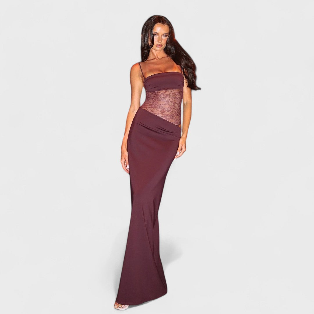 Valentina – Abito Lungo con Pizzo Trasparente e Spalline Sottili