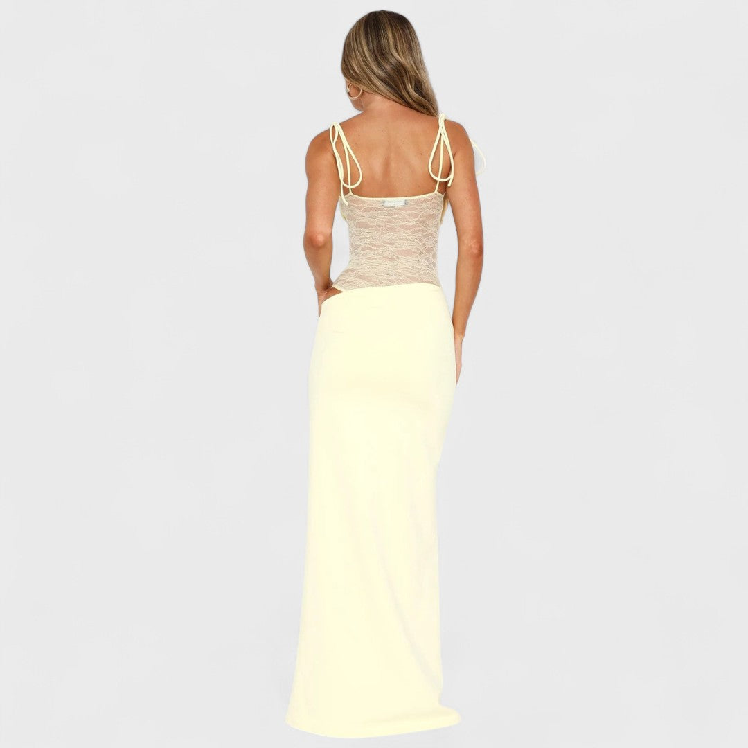 Valentina – Abito Lungo con Pizzo Trasparente e Spalline Sottili