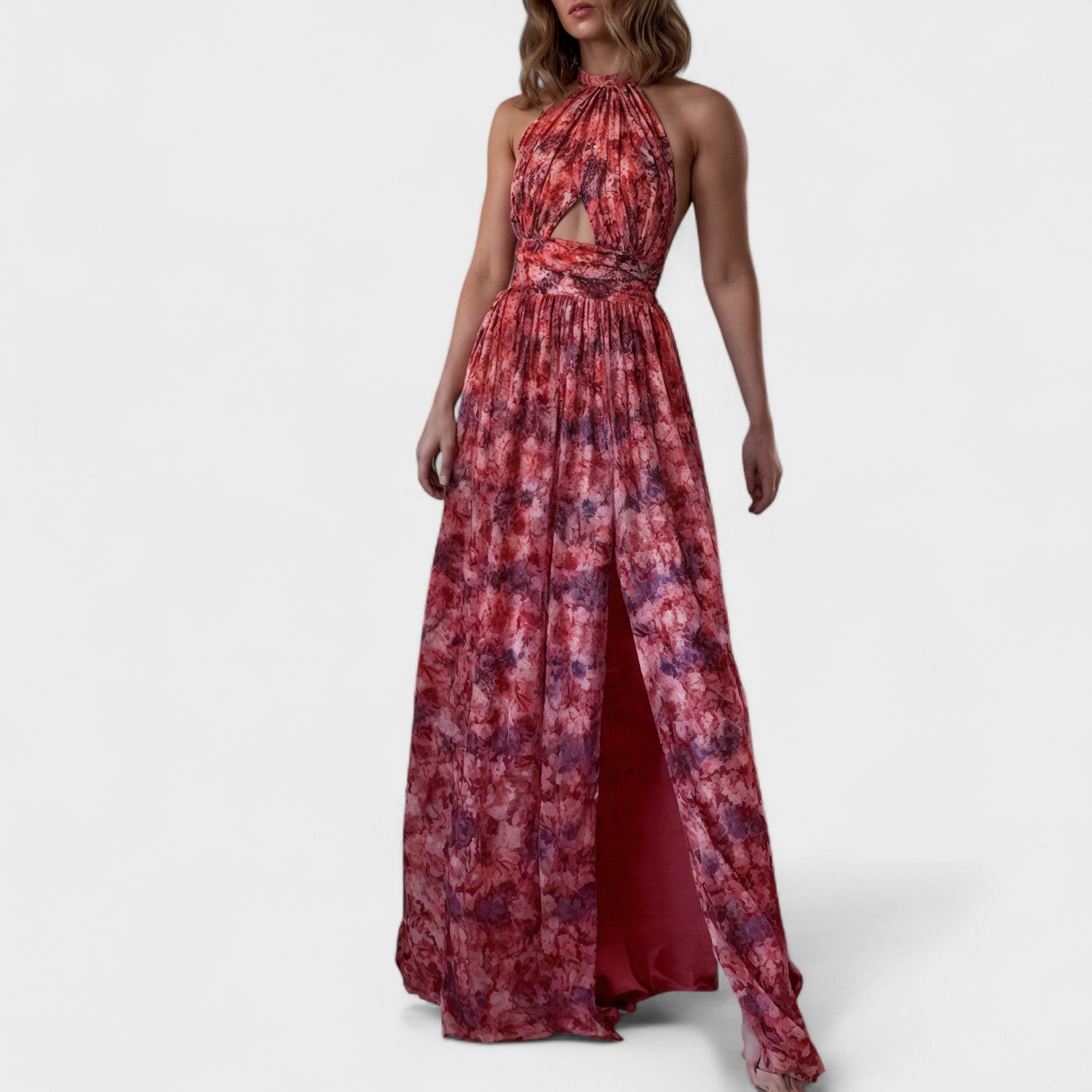 Floraria – Abito lungo halter floreale con schiena scoperta