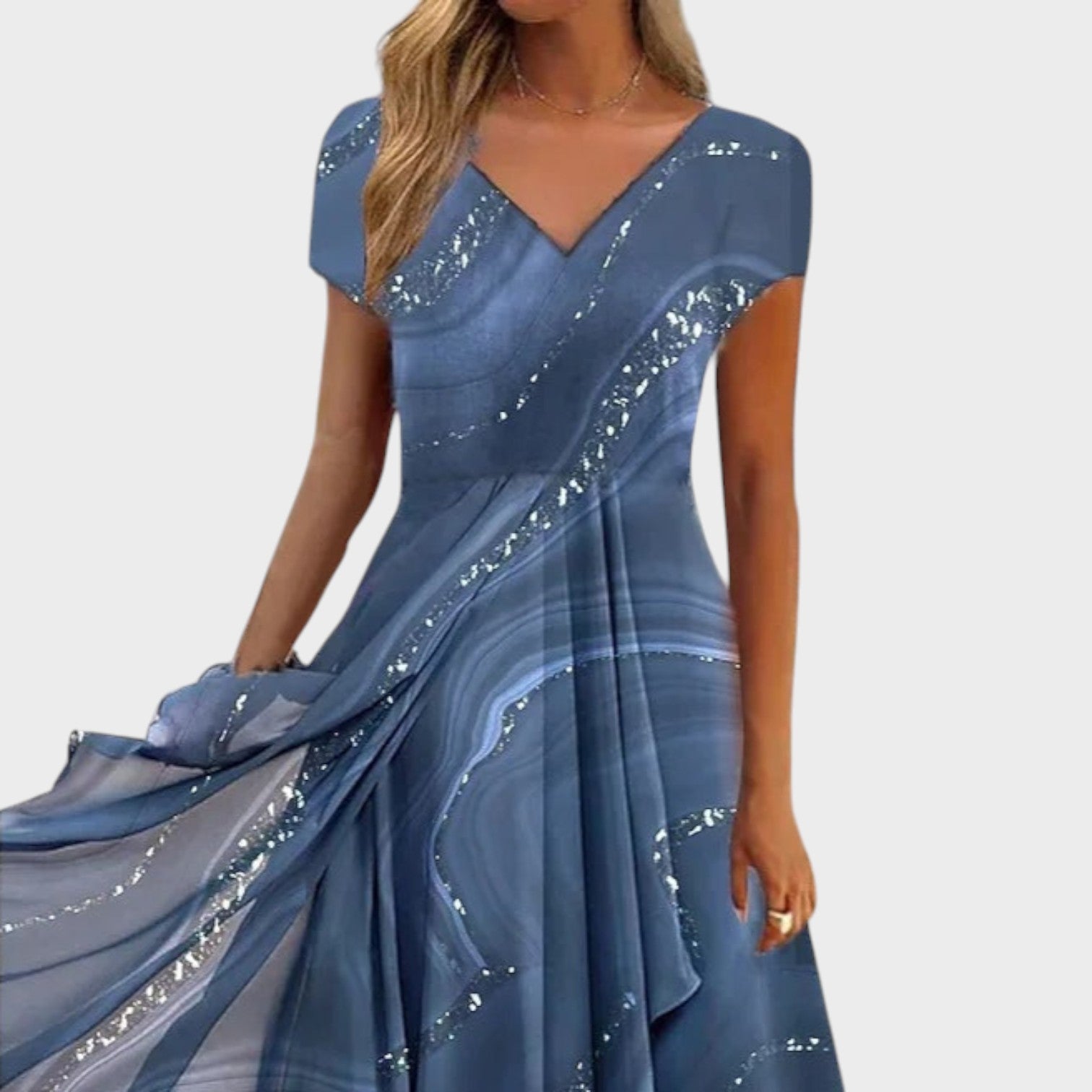 Naomi – Vestito Midi Elegante con Scollo a V e Patchwork