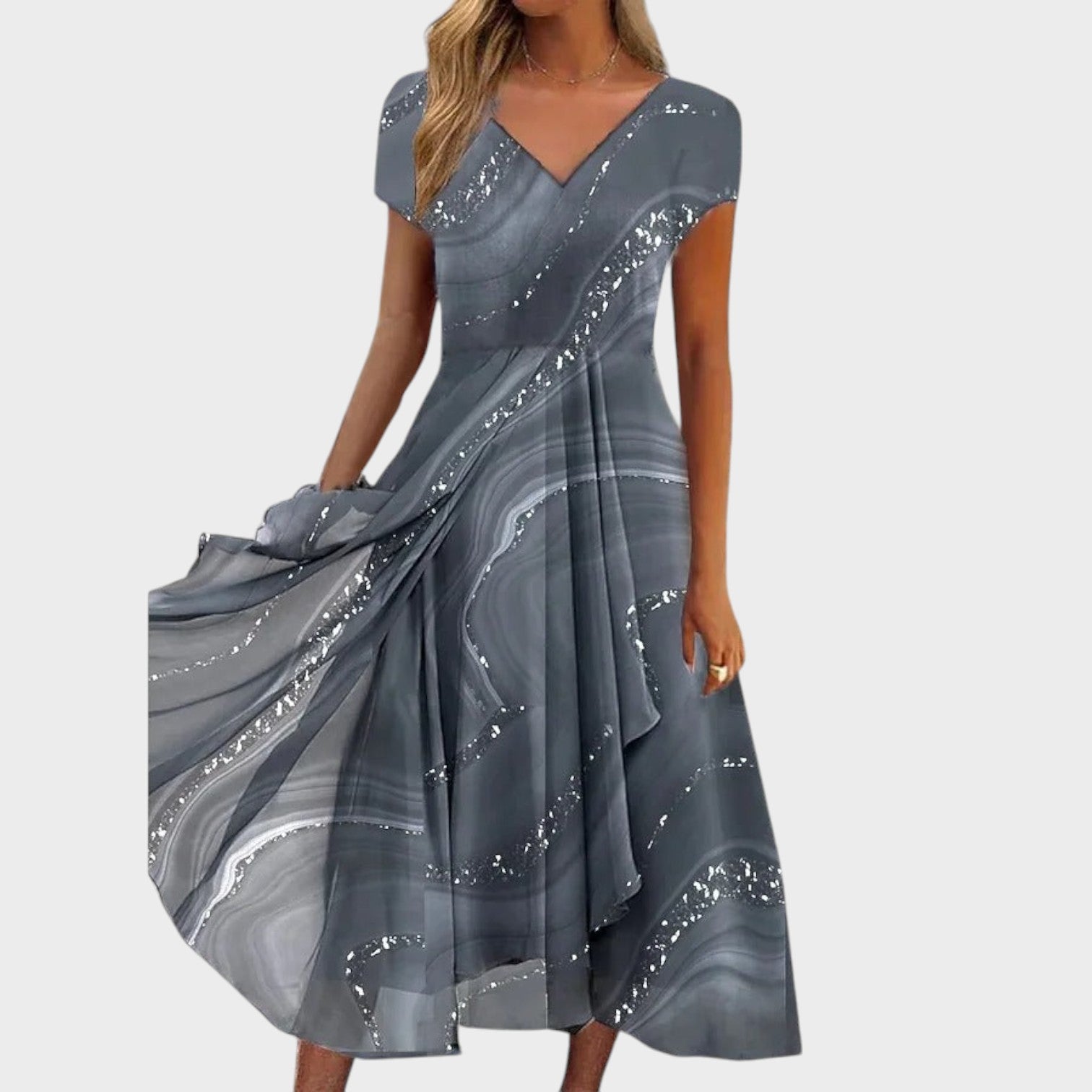 Naomi – Vestito Midi Elegante con Scollo a V e Patchwork