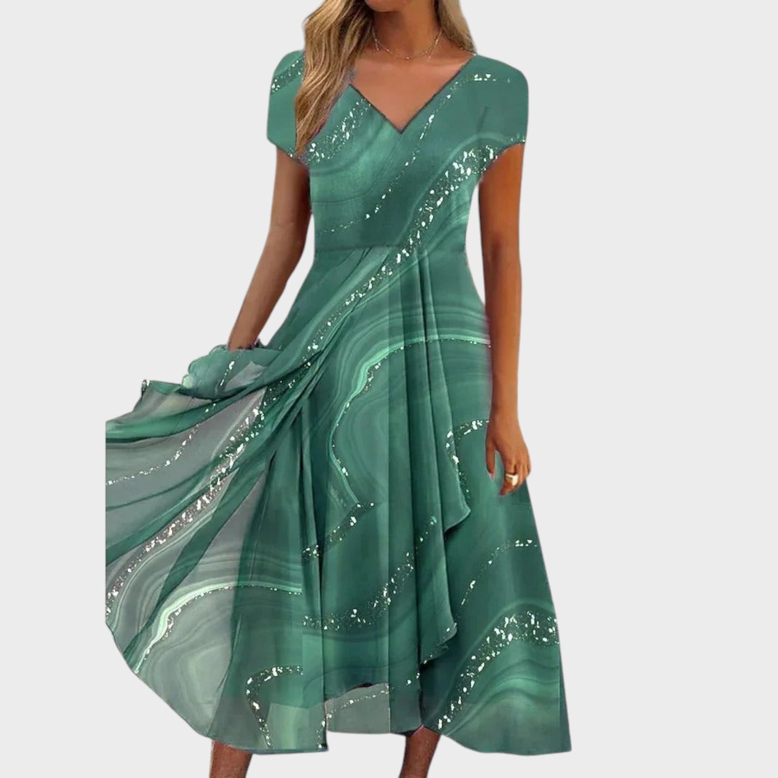 Naomi – Vestito Midi Elegante con Scollo a V e Patchwork