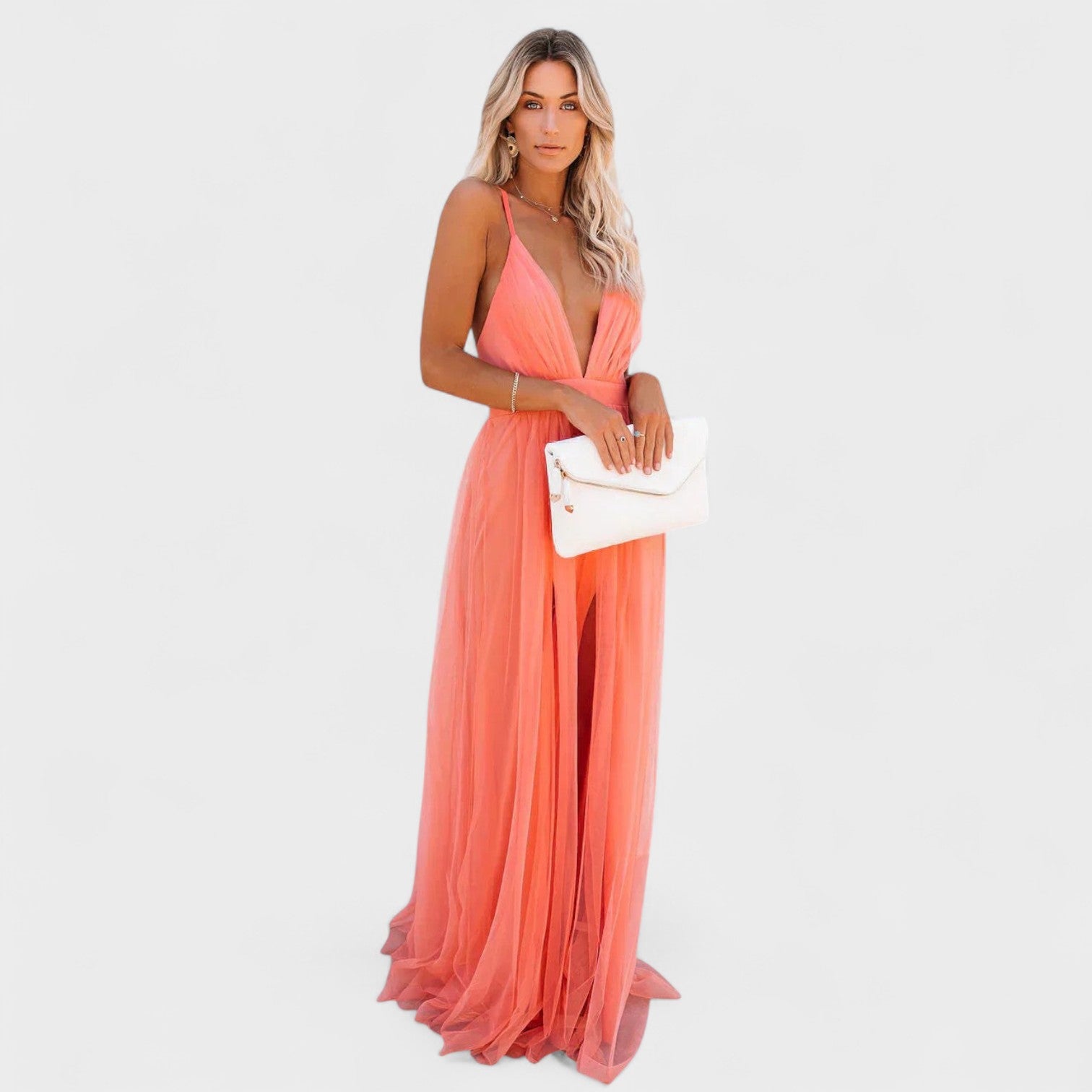Lucía – Abito lungo in tulle con scollo profondo e schiena incrociata