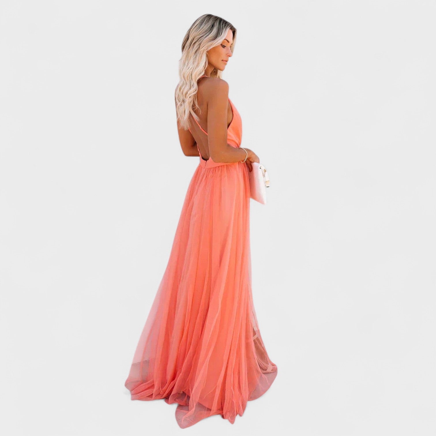 Lucía – Abito lungo in tulle con scollo profondo e schiena incrociata