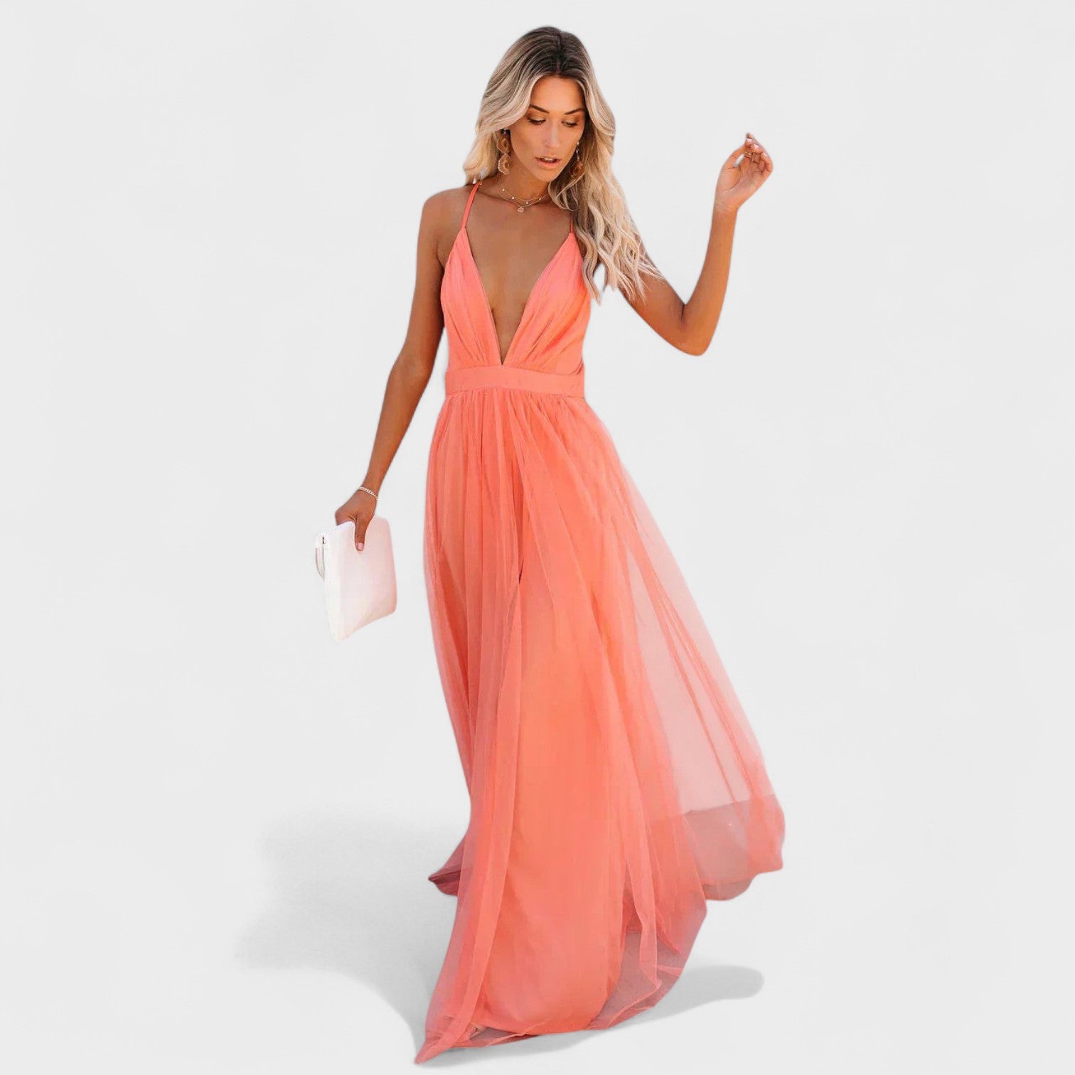Lucía – Abito lungo in tulle con scollo profondo e schiena incrociata
