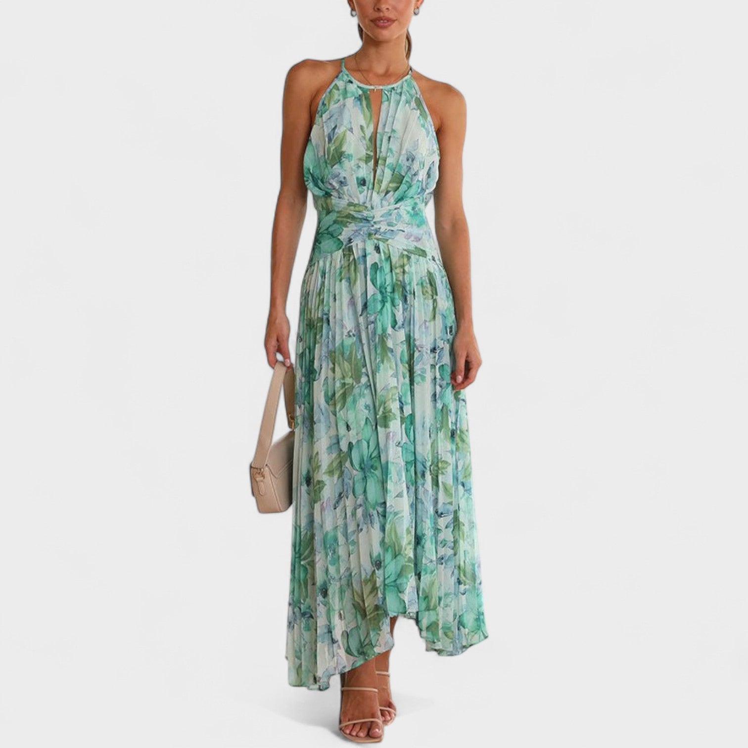 Angel – Abito Lungo Plissé con Stampa Floreale e Scollo Halter