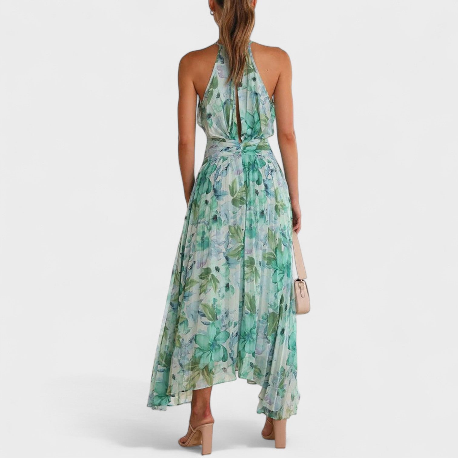 Angel – Abito Lungo Plissé con Stampa Floreale e Scollo Halter