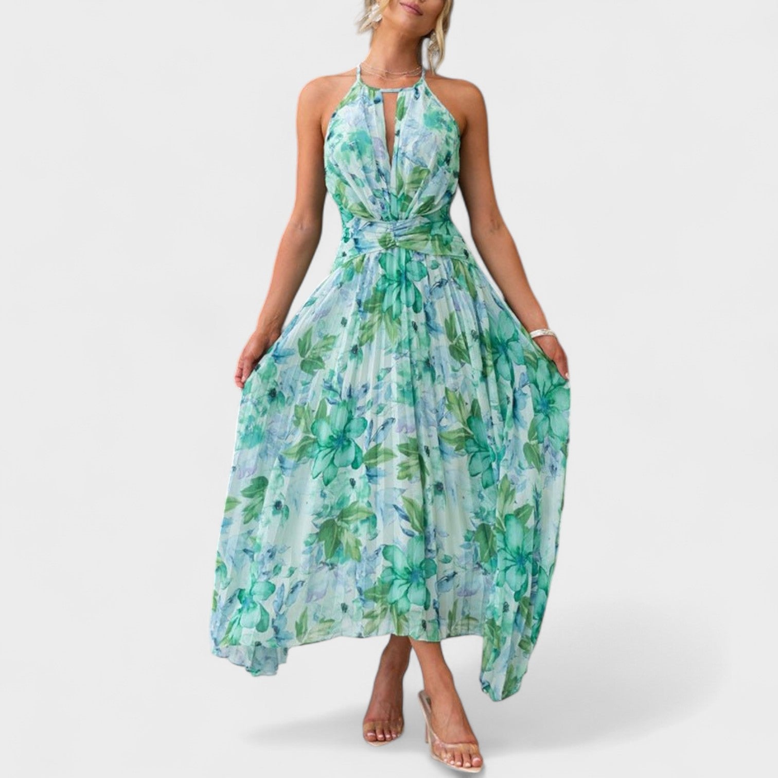 Angel – Abito Lungo Plissé con Stampa Floreale e Scollo Halter