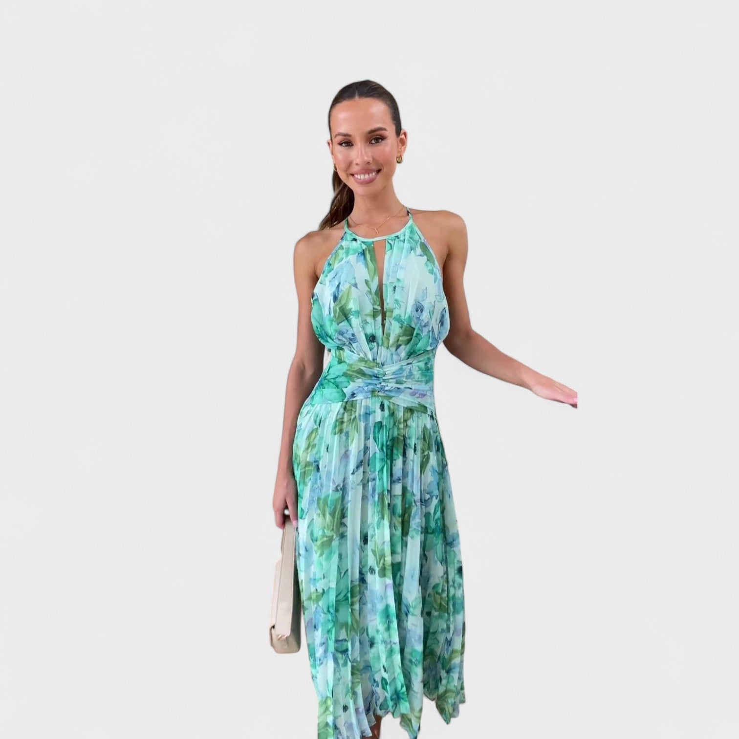 Angel – Abito Lungo Plissé con Stampa Floreale e Scollo Halter