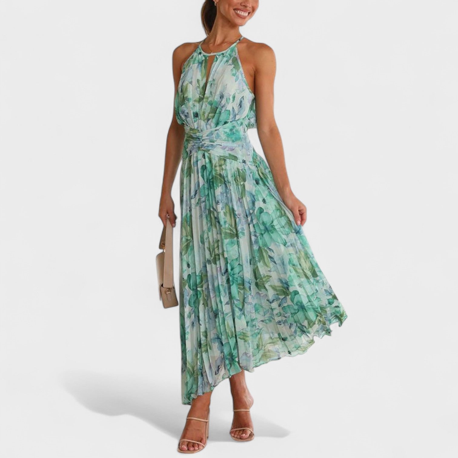 Angel – Abito Lungo Plissé con Stampa Floreale e Scollo Halter