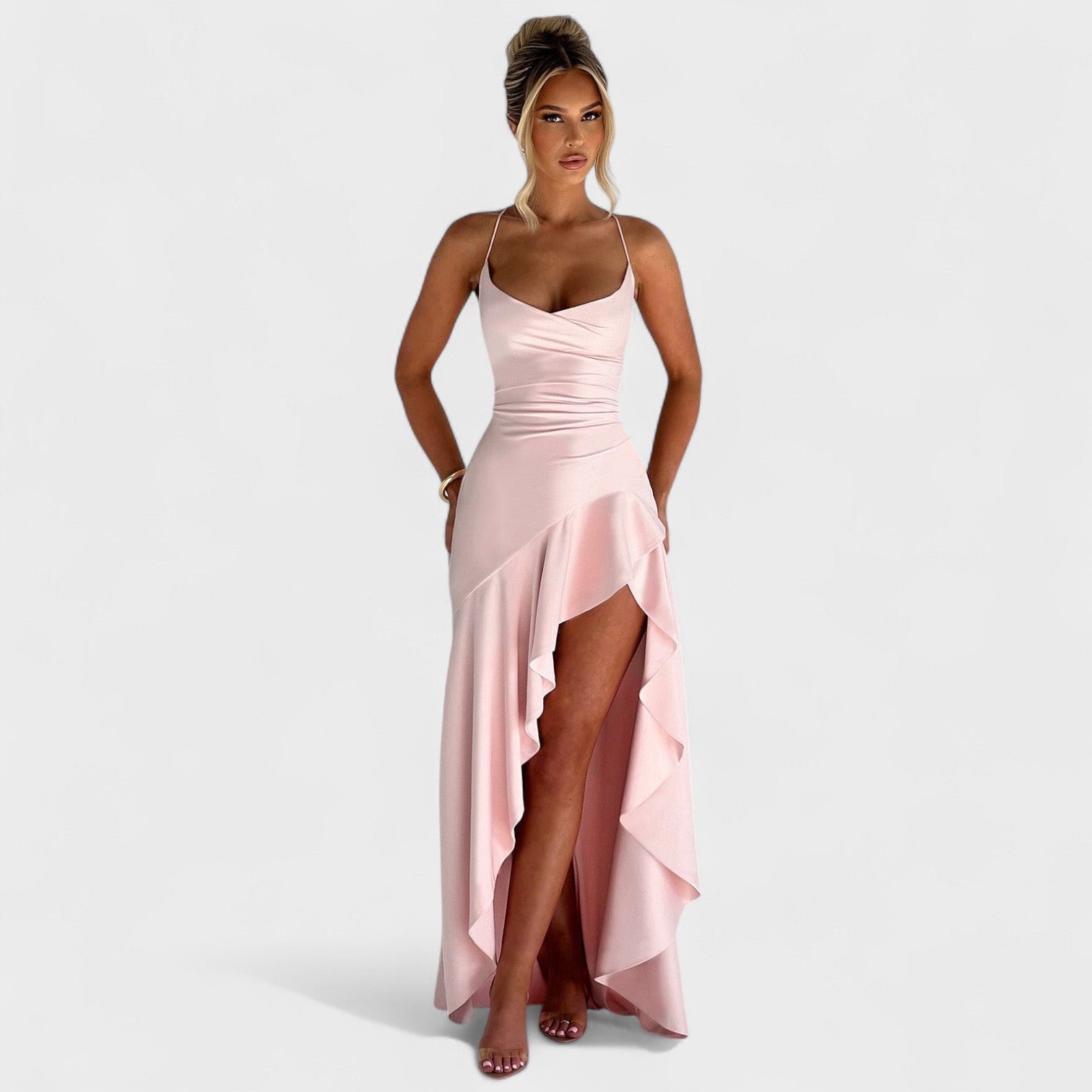 Samira – Abito Maxi Rosa Cipria con Spacco e Schiena Scoperta