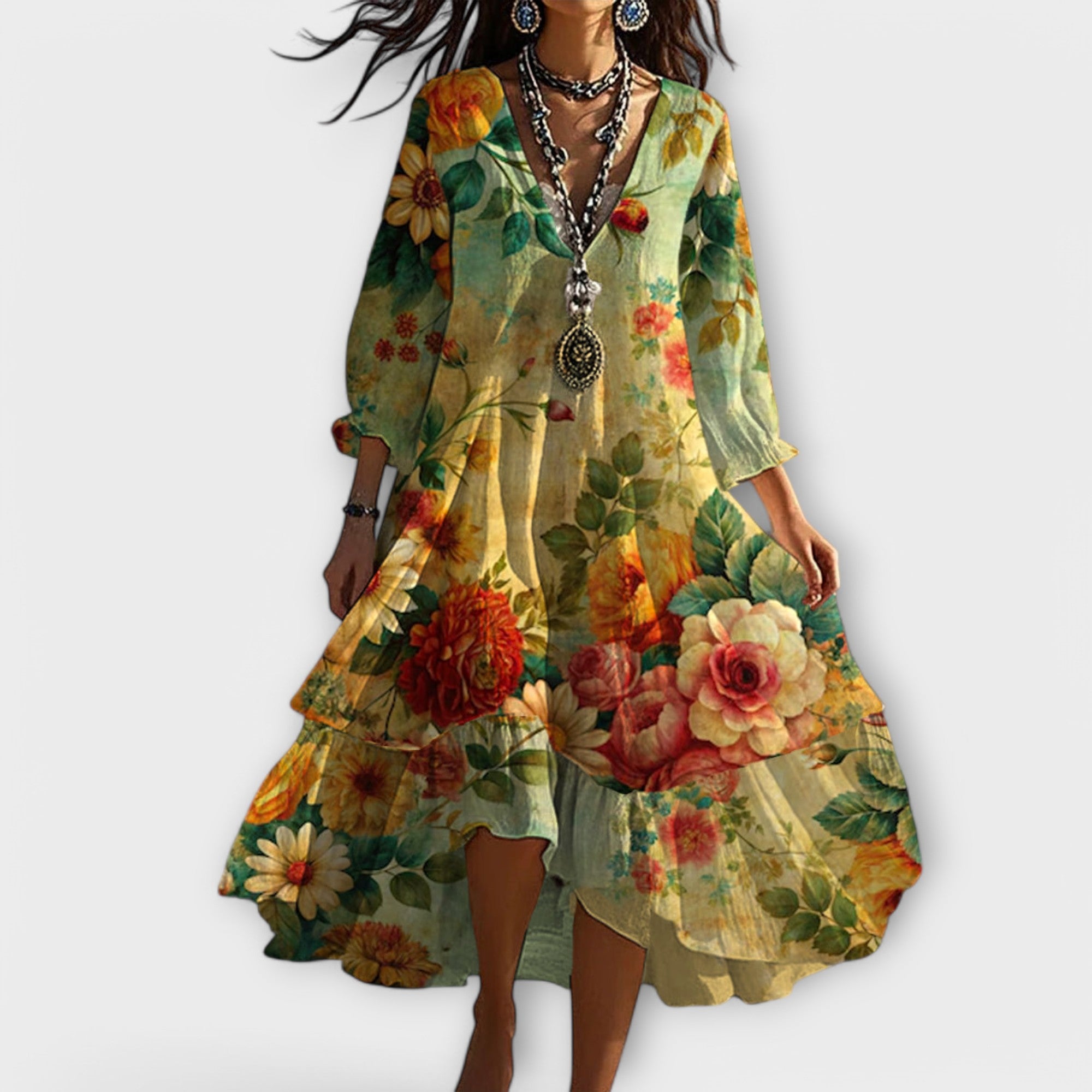 Marina – Vestito Boho Vintage con Scollo a V e Stampa Floreale